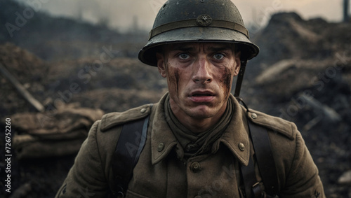 Portrait of a Terrified Soldier on the Battlefield of the First World War 