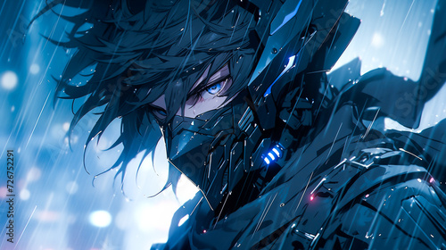Menacing cyberpunk anime character, fierce warrior in a gritty urban cyberpunk setting with heavy rain. photo