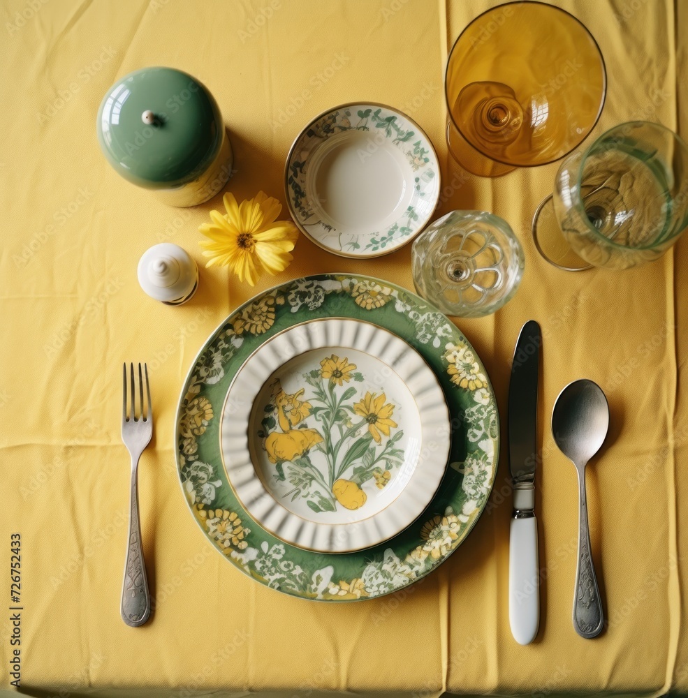 a table topped with plates and silverware next to a green teapot and a yellow flower on a yellow table cloth. a table topped with plates and silverware next to a green teapot and a yellow flower on a yellow table cloth.