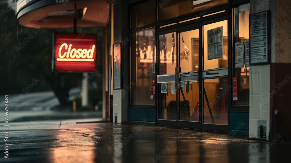 Red Closed sign glows above the entrance of a store reflecting on the wet ground on a rainy day.
