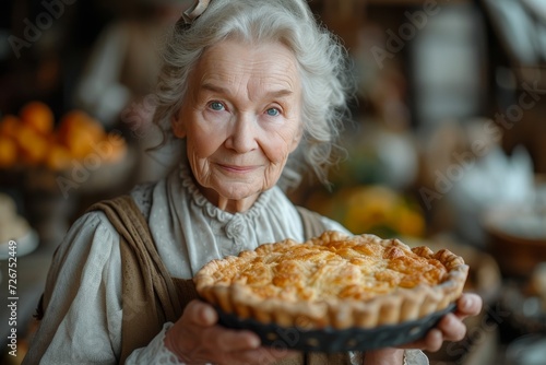 A woman proudly displays her homemade pie  exuding warmth and comfort in her cozy kitchen  as she embodies the perfect combination of traditional baking and modern fast food