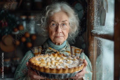 A contented lady proudly displays her homemade birthday cake  adorned with intricate pastry details  showcasing her love for baking and celebrating with loved ones indoors