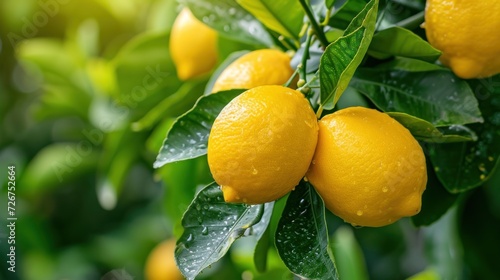  a group of lemons hanging from a tree with water droplets on it's leaves and green leaves on a sunny day.