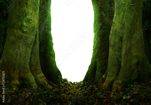 Enchanted forest PNG.  Fantasy forest landscape, copy space, old thick trees