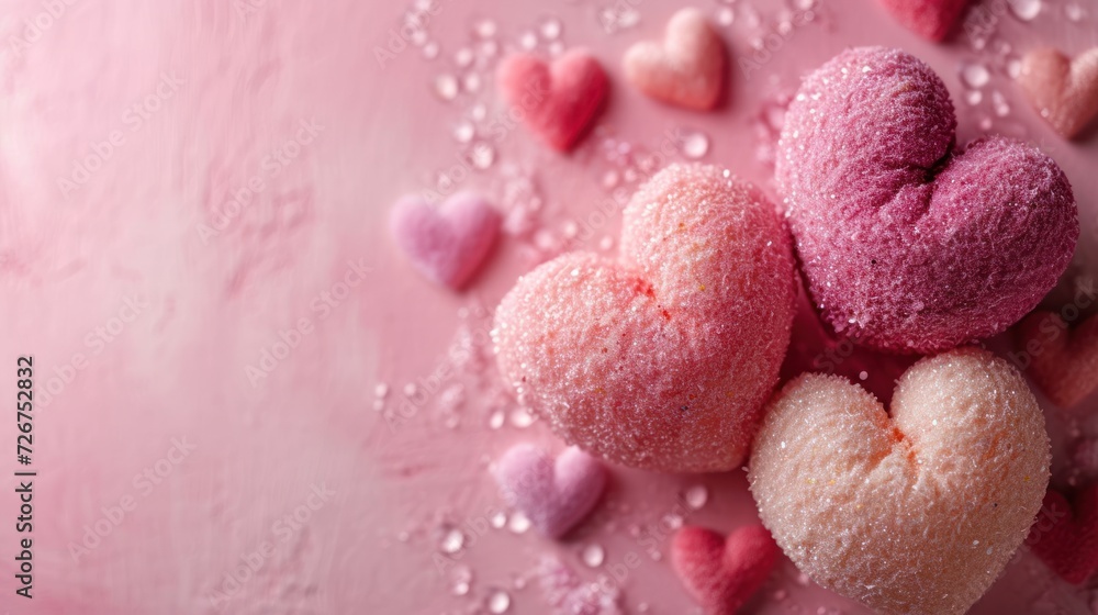 a couple of heart shaped pastries sitting on top of a pink surface with drops of water on the surface. a couple of heart shaped pastries sitting on top of a pink surface with drops of water on the surface.