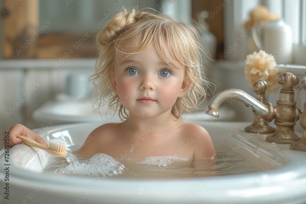 A curious toddler explores the wonders of a warm bath, her bright eyes and innocent face reflecting in the shiny bathroom fixtures A curious toddler explores the wonders of a warm bath, her bright eyes and innocent face reflecting in the shiny bathroom fixtures