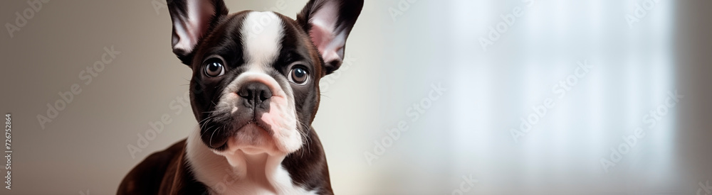 French bulldog puppy, close-up muzzle, light background, empty space. Cute domestic puppy, pet