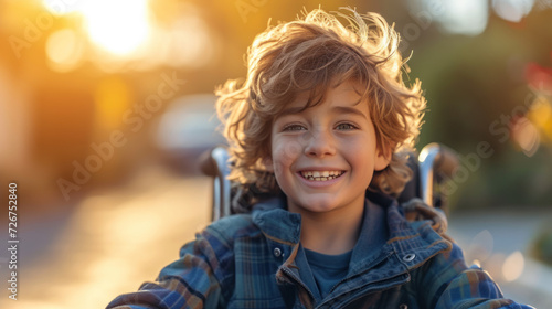 10 years old kid smiling bright in the camera sitting in a hypermodern wheelchair