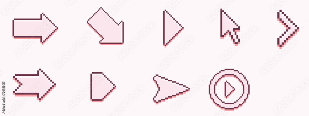 Pixel Art Arrow icon set, pink arrows style pixel art set.