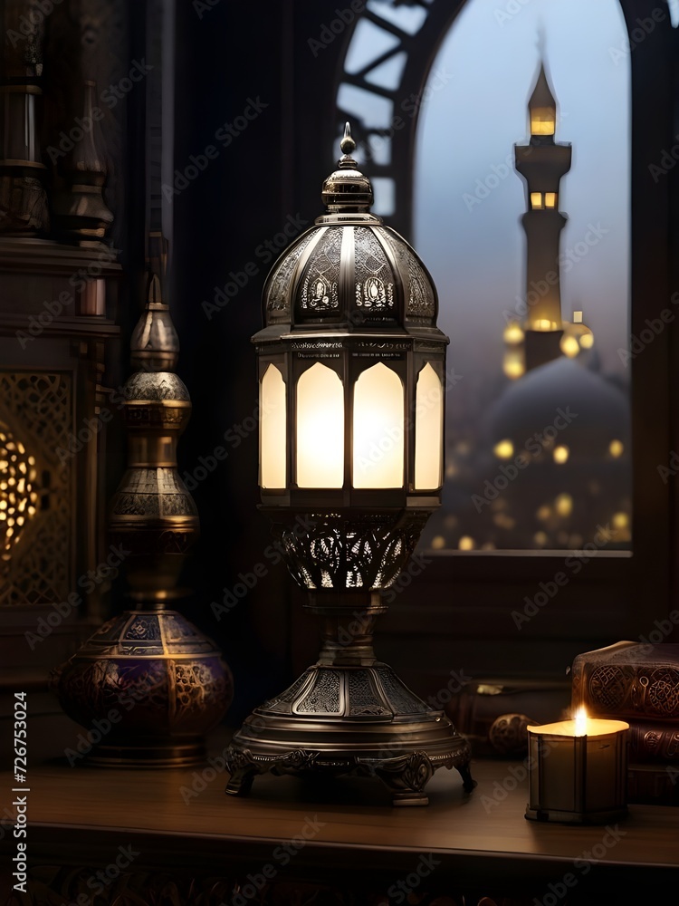 Portrait photo of an Islamic lantern lamp with blurred mosque in the background for Eid ul fitr , Eid ul adha and Ramadan Mubarak background, Ramzan Mubarak Poster, Ramadan Kareem banner Portrait photo of an Islamic lantern lamp with blurred mosque in the background for Eid ul fitr , Eid ul adha and Ramadan Mubarak background, Ramzan Mubarak Poster, Ramadan Kareem banner