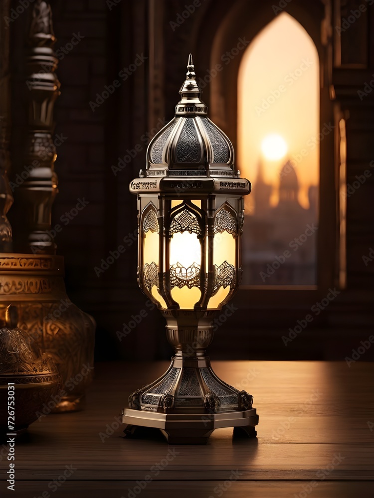 Portrait photo of an Islamic lantern lamp with blurred mosque in the background for Eid ul fitr , Eid ul adha and Ramadan Mubarak background, Ramzan Mubarak Poster, Ramadan Kareem banner Portrait photo of an Islamic lantern lamp with blurred mosque in the background for Eid ul fitr , Eid ul adha and Ramadan Mubarak background, Ramzan Mubarak Poster, Ramadan Kareem banner