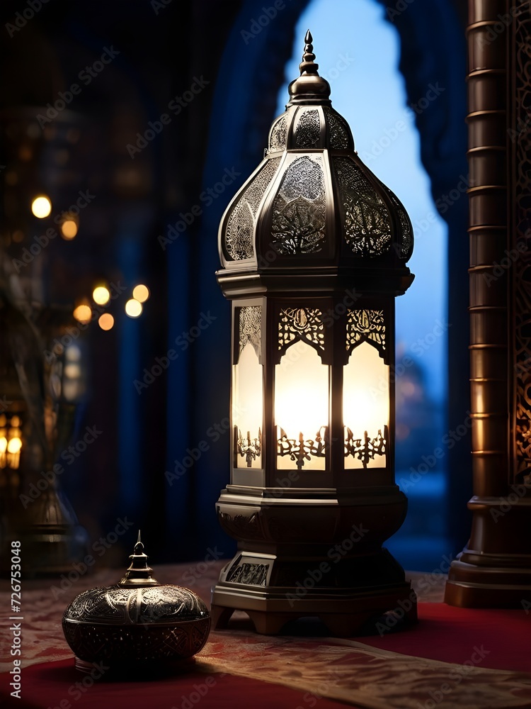 Portrait photo of an Islamic lantern lamp with blurred mosque in the background for Eid ul fitr , Eid ul adha and Ramadan Mubarak background, Ramzan Mubarak Poster, Ramadan Kareem banner