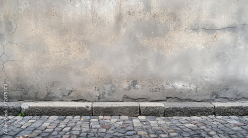 Gritty urban scene with cobblestone street and a dark wall.