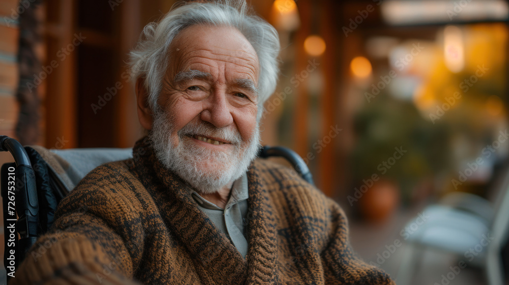 80 years old man smiling bright in the camera sitting in a hypermodern wheelchair 80 years old man smiling bright in the camera sitting in a hypermodern wheelchair
