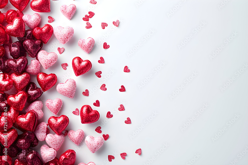 Valentine's Day background with red and pink hearts isolated on white background, perfect for greeting cards and festive decorations
