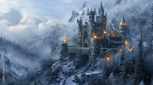 castle in mountain snow landscape in cold winter. Resplendent.