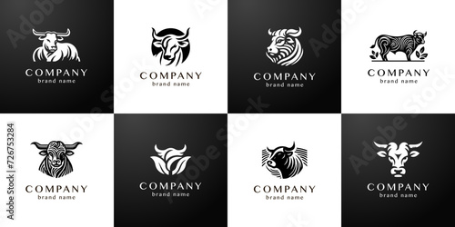 Stylish flat minimalistic logo design collection: modern graphic elements with abstract bull shapes in black and white for agriculture and cattle farm products in vector set