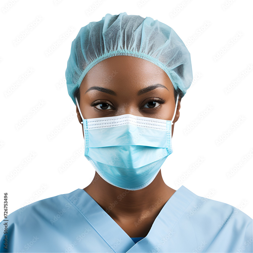 Close-up of a Medical Professional: Portrait of an African Black Woman as a Doctor, Nurse or Surgeon in Scrubs and Mask, Isolated on Transparent Background, PNG Close-up of a Medical Professional: Portrait of an African Black Woman as a Doctor, Nurse or Surgeon in Scrubs and Mask, Isolated on Transparent Background, PNG