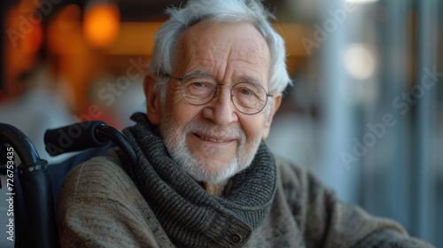 80 years old man smiling bright in the camera sitting in a hypermodern wheelchair