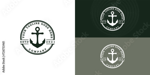 An elegant anchor icon logo, port vector, skipper illustration design, and vintage style logo presented with multiple background colors. The logo is suitable for Business Industry logo design ideas