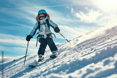 person skiing on a snowy slope with goggles and skis