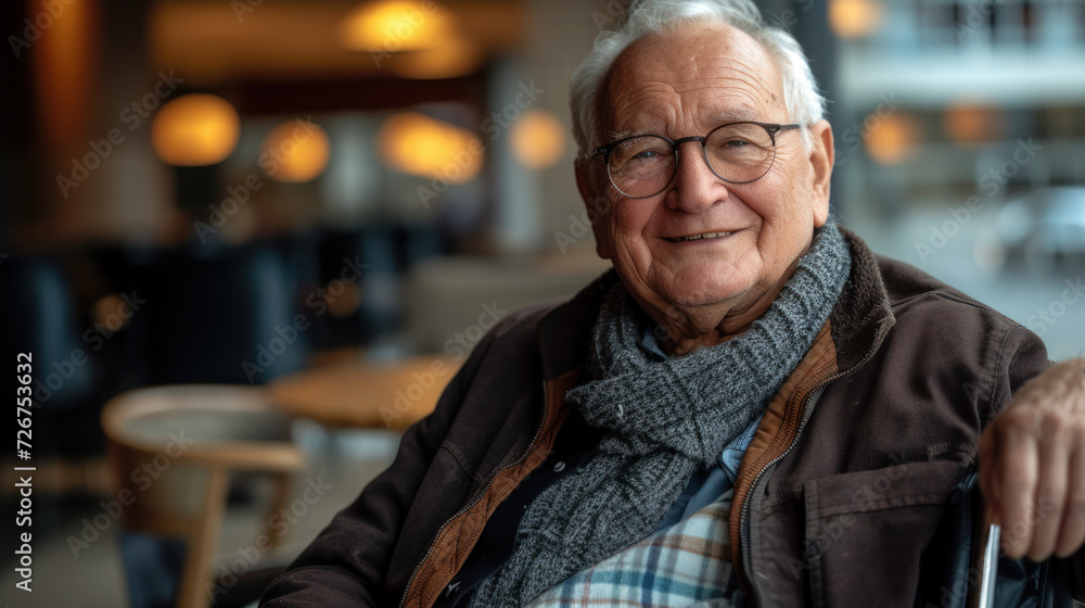 80 years old man smiling bright in the camera sitting in a hypermodern wheelchair 80 years old man smiling bright in the camera sitting in a hypermodern wheelchair