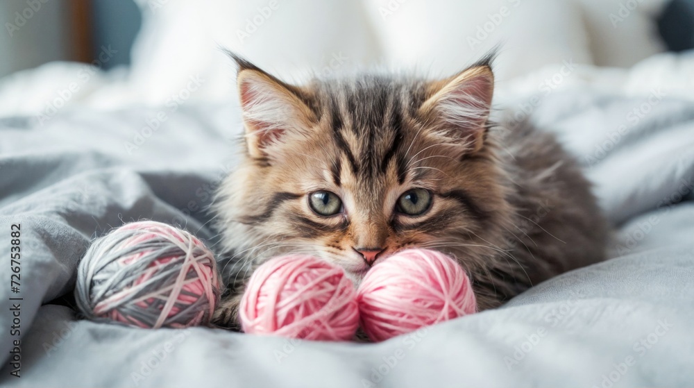 Little curious kitten lying over white blanket with pink and grey balls skeins