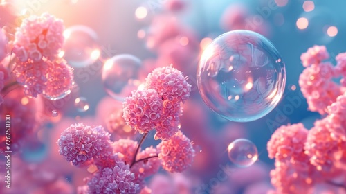  a bunch of bubbles floating in the air next to a bunch of pink flowers on a blue and pink background. © Anna