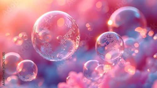  a bunch of soap bubbles floating on top of a blue and pink background with a lot of bubbles floating on top of it.
