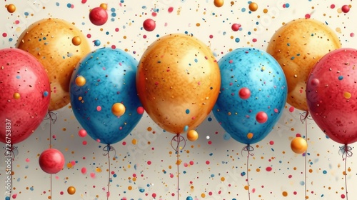  a row of balloons with confetti and sprinkles on a white background with confetti.