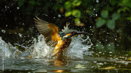 Female kingfisher emerging from the water after. © Bitz