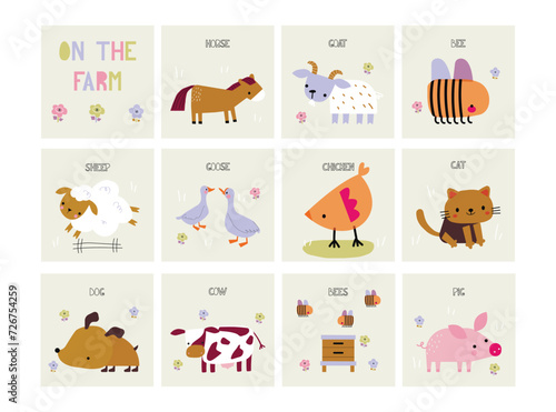 Fototapeta Naklejka Na Ścianę i Meble -  Farm animals cards. agriculture animals vector set for educational kids cards. illustrations cat, cow, goose, bees, goat, dog, horse, sheep, pig, chicken, beehive in hand draw style