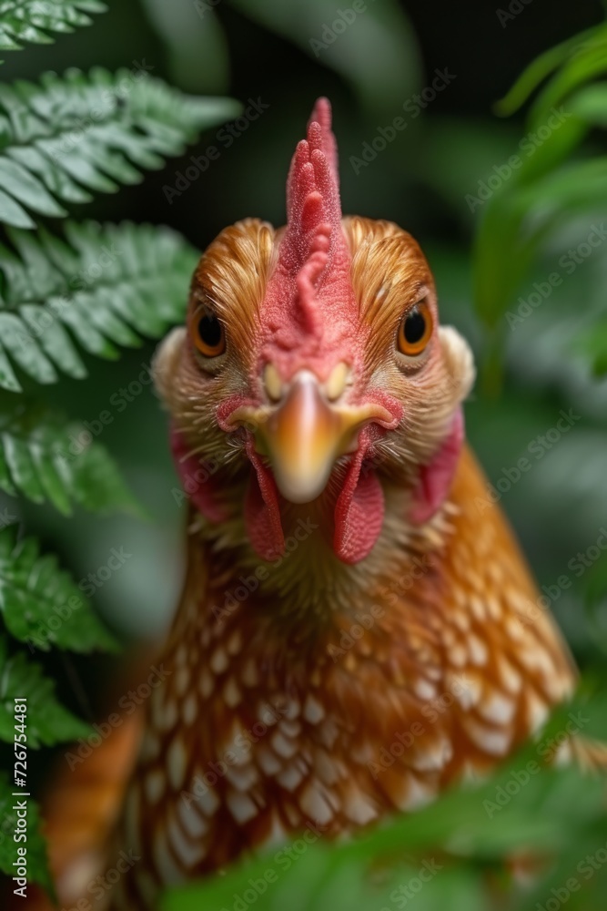 Photo portrait of a chicken on a farm, rooster, hen, chicken, organic food, natural green farm