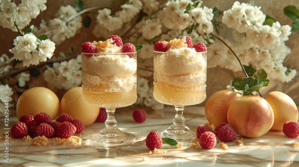 two glasses filled with ice cream and raspberries on top of a marble table next to flowers and fruit. two glasses filled with ice cream and raspberries on top of a marble table next to flowers and fruit.