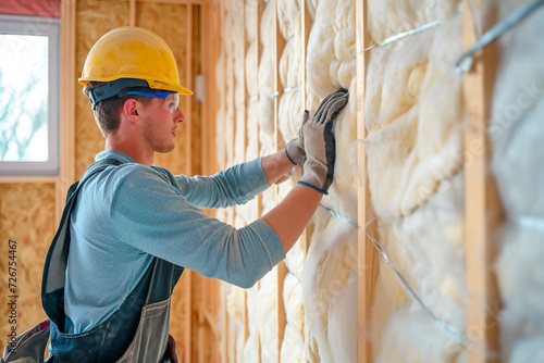 Construction worker installing house wall insulation in new home