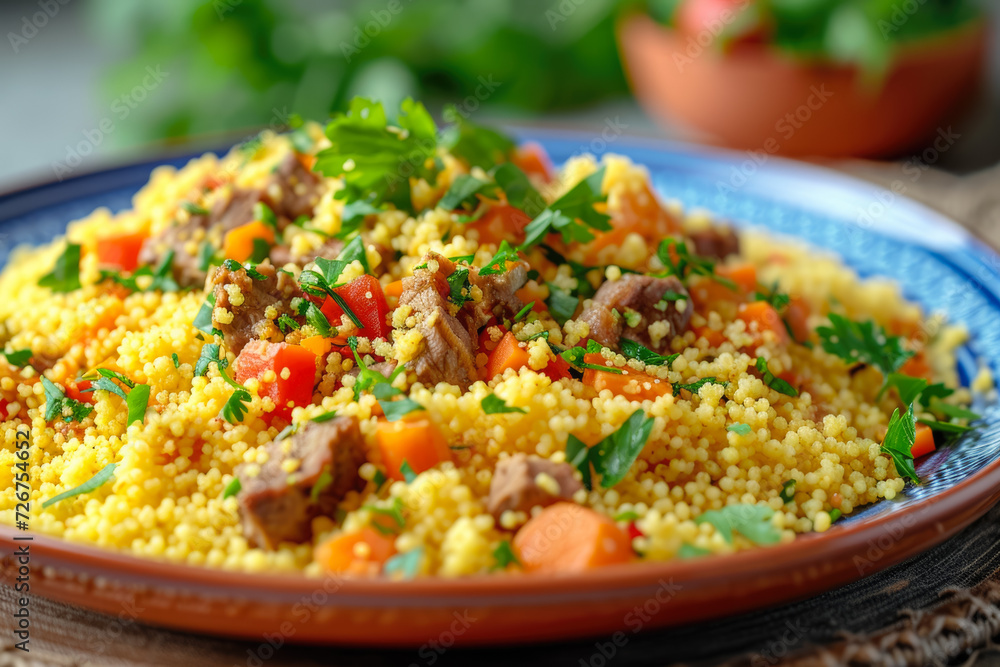 plate of couscous, a North African dish with steamed semolina grains, served with meat, vegetables plate of couscous, a North African dish with steamed semolina grains, served with meat, vegetables