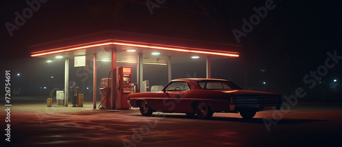 An illustration of a retro car next to a gas station at night