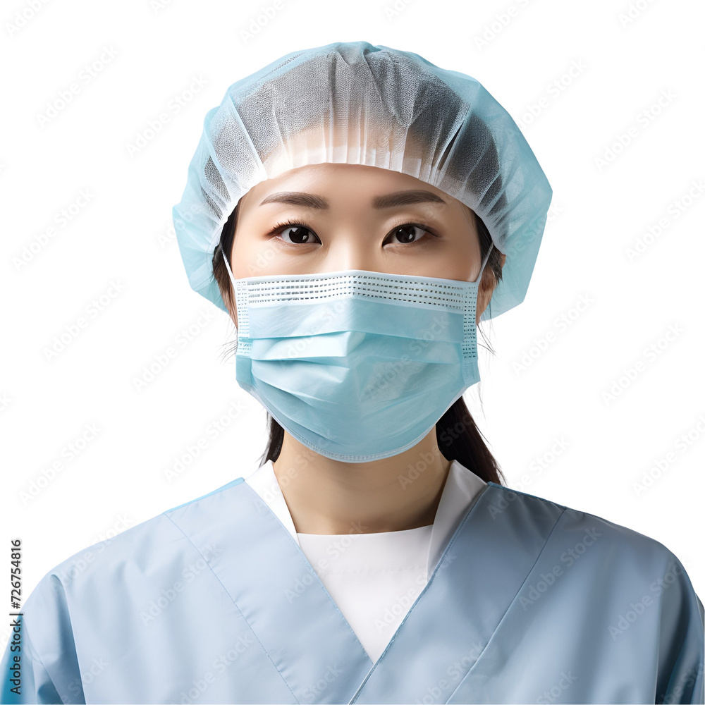 Medical Professional at Work: Close-up Portrait of an Asian Woman in Scrubs and Mask, Isolated on Transparent Background, PNG Medical Professional at Work: Close-up Portrait of an Asian Woman in Scrubs and Mask, Isolated on Transparent Background, PNG