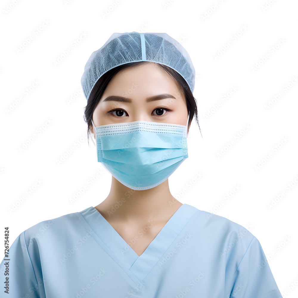 Medical Professional in Action: Close-up Portrait of an Asian Female Doctor, Nurse or Surgeon in Scrubs and Mask, Isolated on Transparent Background, PNG Medical Professional in Action: Close-up Portrait of an Asian Female Doctor, Nurse or Surgeon in Scrubs and Mask, Isolated on Transparent Background, PNG