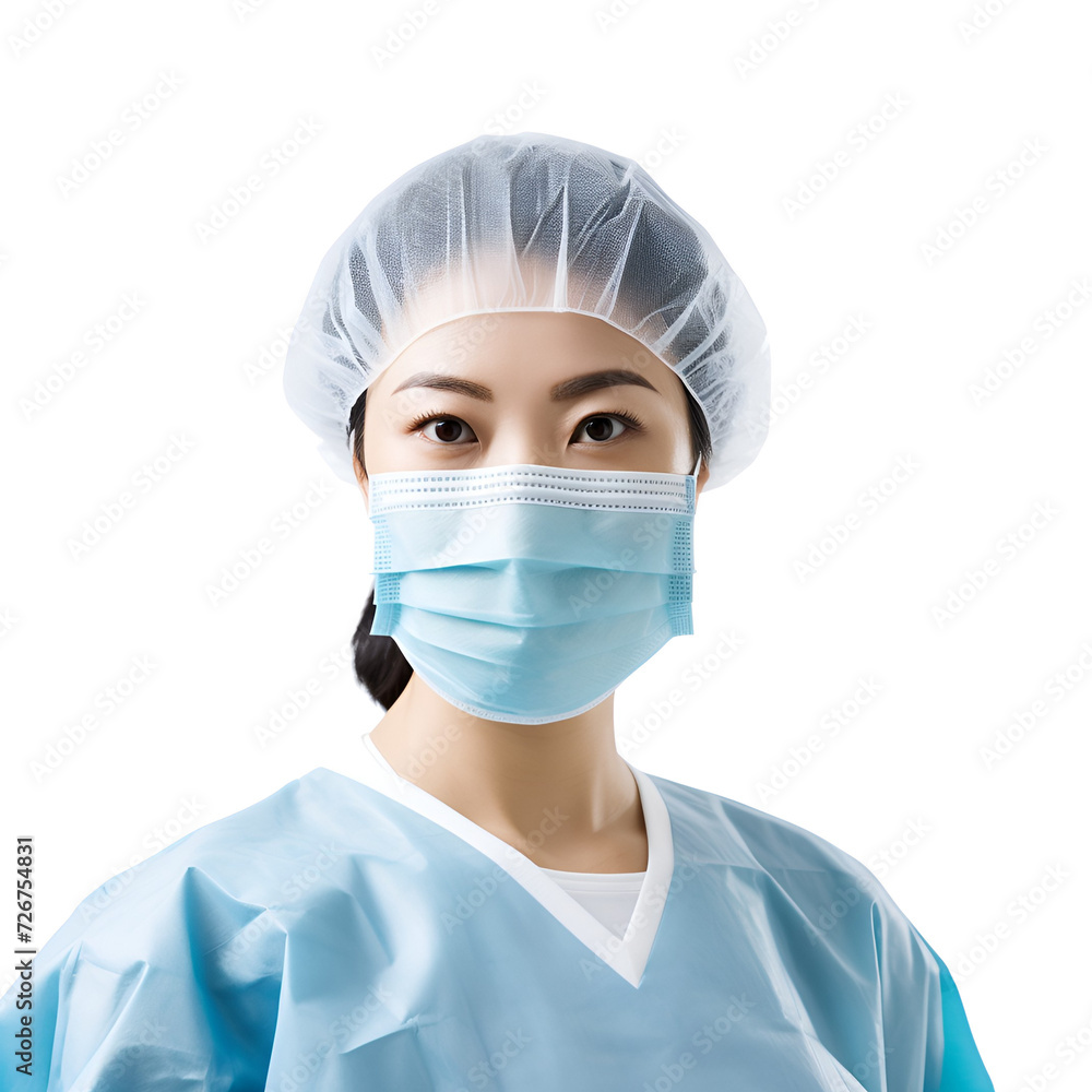 Asian Woman Healthcare Worker: A Close-up Portrait of a Medical Professional in Scrubs and Mask, Isolated on Transparent Background, PNG Asian Woman Healthcare Worker: A Close-up Portrait of a Medical Professional in Scrubs and Mask, Isolated on Transparent Background, PNG