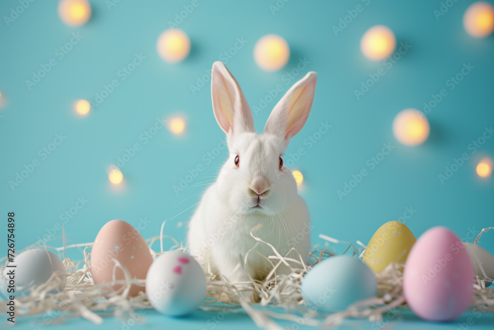 White Bunny with Pastel Easter Eggs White Bunny with Pastel Easter Eggs