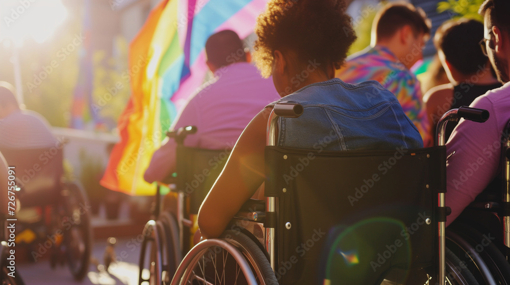 Homosexual crowd of gay disabled wheelchair users celebrating inclusion and diversity at pride festival. Inclusive and diverse people with disabilities bonding together at gay pride celebrations. 