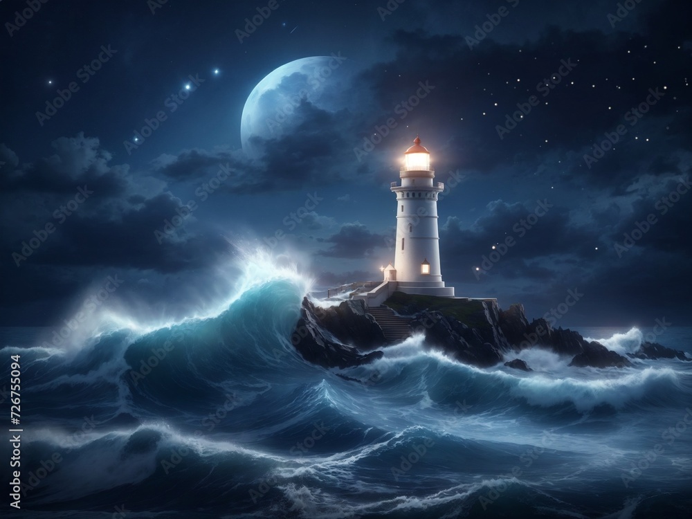 Lunar Lighthouse Symphony: A Celestial Dance of Light, Waves, and Stars 