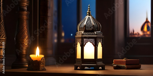 Landscape photo of an Islamic lantern lamp with blurred mosque in the background for Eid ul fitr , Eid ul adha and Ramadan Mubarak background, Ramzan Mubarak Poster, Ramadan Kareem banner copy space