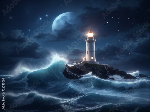 Lunar Lighthouse Symphony: A Celestial Dance of Light, Waves, and Stars 