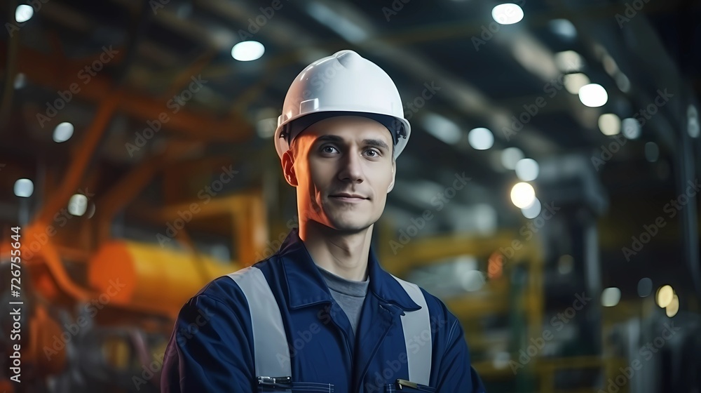 Portrait of Industry maintenance engineer man wearing uniform and safety hard hat on factory station. Industry, Engineer, construction concept. Portrait of Industry maintenance engineer man wearing uniform and safety hard hat on factory station. Industry, Engineer, construction concept.