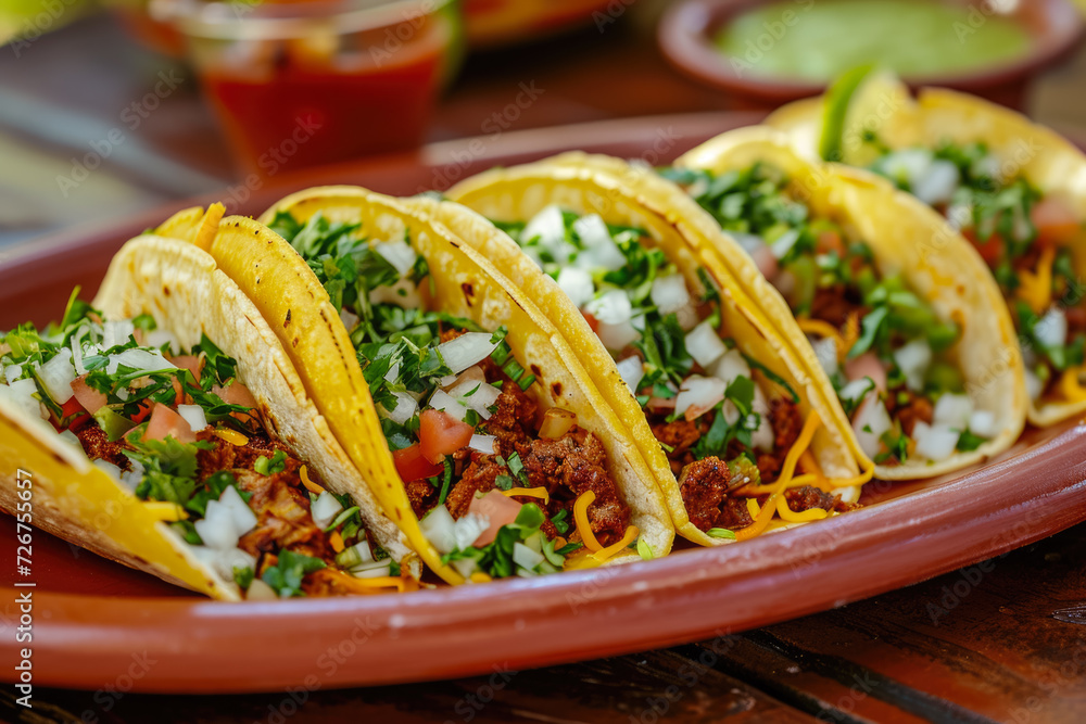 plate of tacos, a Mexican street food with corn or wheat tortillas, filled with meat, cheese, salsa, and other ingredients plate of tacos, a Mexican street food with corn or wheat tortillas, filled with meat, cheese, salsa, and other ingredients
