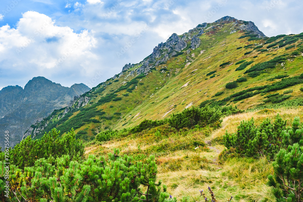 Polish Tatra Mountains, high mountain hiking trail leading to mountain peaks, mountain landscape with valleys and slopes, view on a sunny summer day. Polish Tatra Mountains, high mountain hiking trail leading to mountain peaks, mountain landscape with valleys and slopes, view on a sunny summer day.