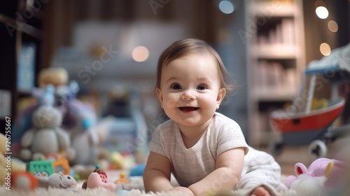 baby toddler playing colorful toys at home or nursery. Newborn baby smiling at camera at play center.