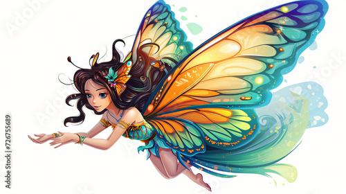 Flying butterfly fairy cartoon isolated on a white background.